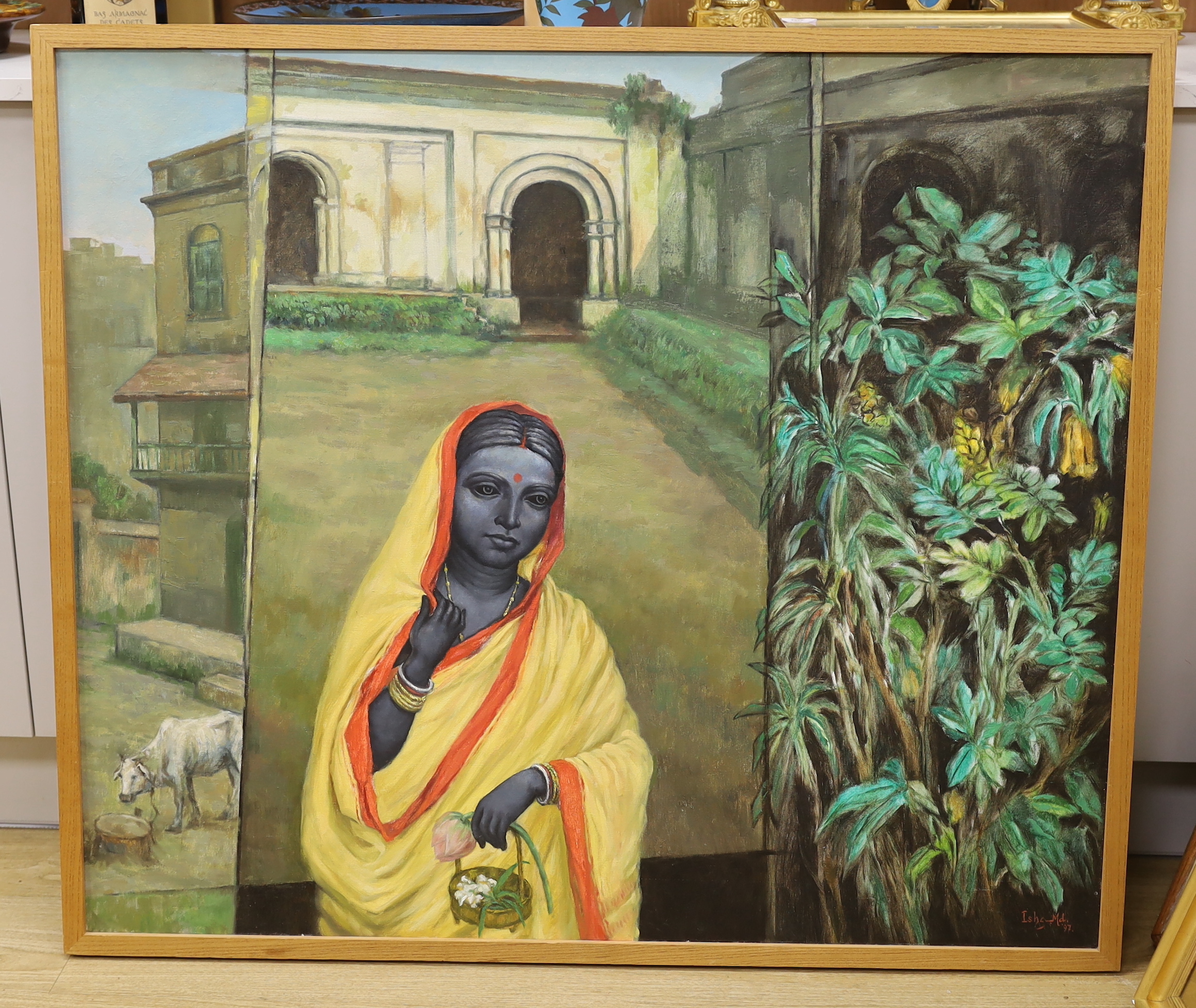 Isha Mahammad (Indian, b. 1933) oil on canvas, 'Departing Lakshmi', signed and dated ‘97, inscribed verso, 90 x 105cm